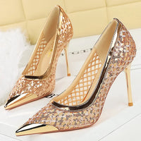 Luxury high heels Sequin mesh Women Pumps Metal pointed tip Women heels 9.5 CM Stiletto Fashion banquet shoes Sexy party shoes Natalia Home Fashion    Natalia Home Fashion