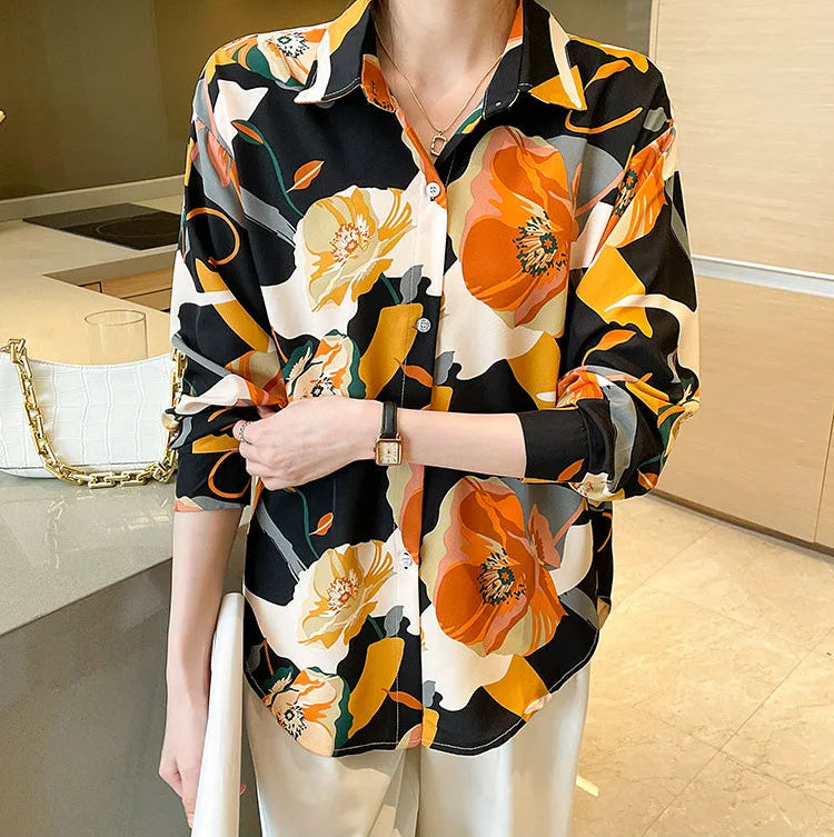 Vintage Style for Women Long Sleeve Flower Printed Spring Autumn semi formal Style Elegant Single Breasted Shirt