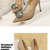 Women's Sexy Nightclub Pole Dancing Show Thin Heels High Mesh Hollowed Out Satin Rose Flower Woman Pumps