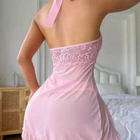 Women's Sexy Solid Contrast Lace Hollow Out Sleepwear Dress Plunging Backless Bodycon Slip Dress Comfortable Nightgown