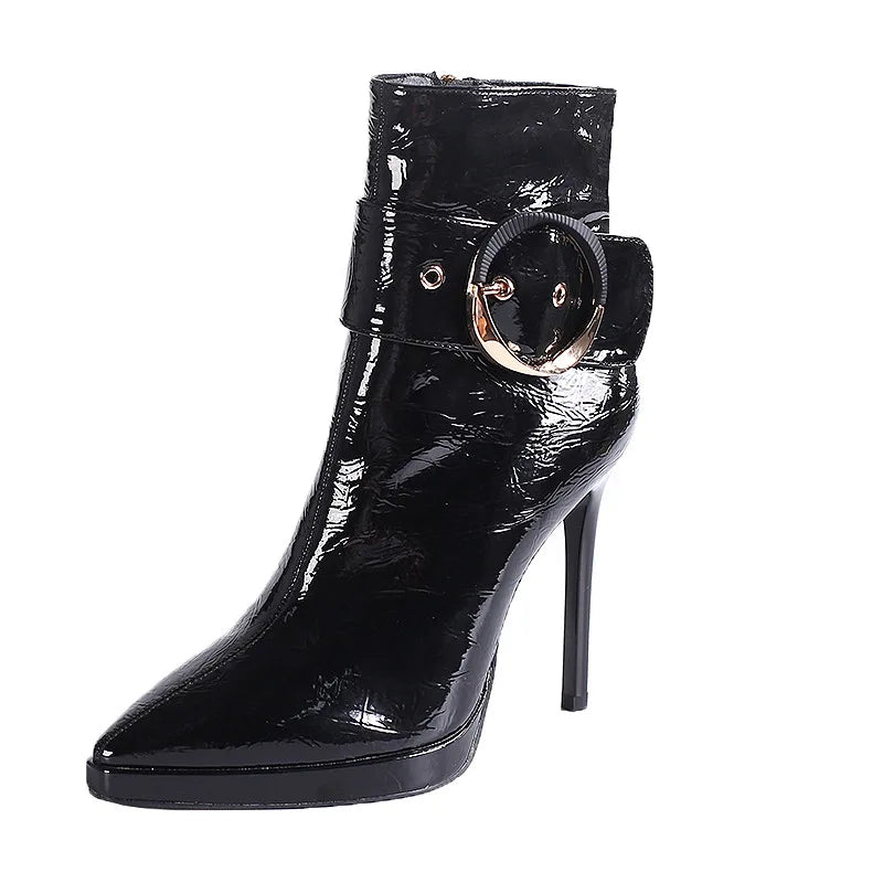 Women Ankle Boots Runway Style Sexy Belt Buckle Side Zip High Heels Patent Leather Party Dress Ladies Shoes