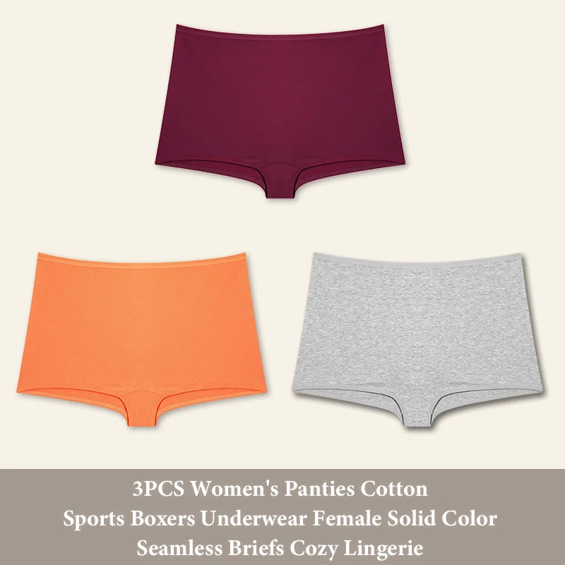 3PCS Women's Panties Cotton Seamless Sports Boxers Underwear Female Solid Color Briefs Cozy Lingerie Intimate Underpants
