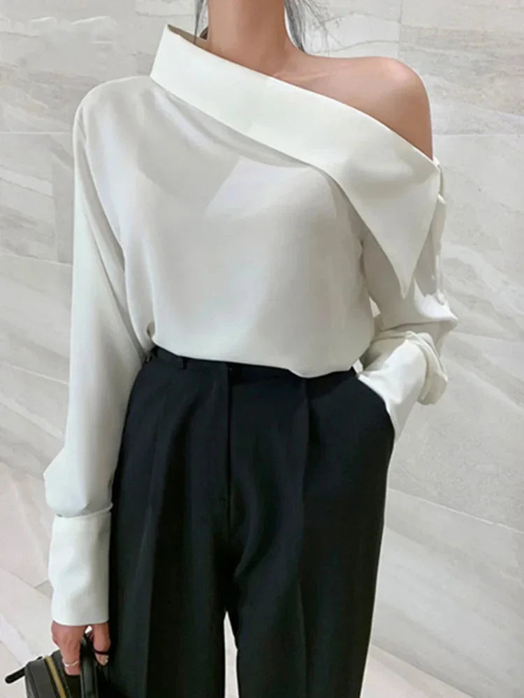 Off Shoulder Elegant Office Women's Shirt Top Fashionable Sexy Women Long Sleeved Chiffon Top