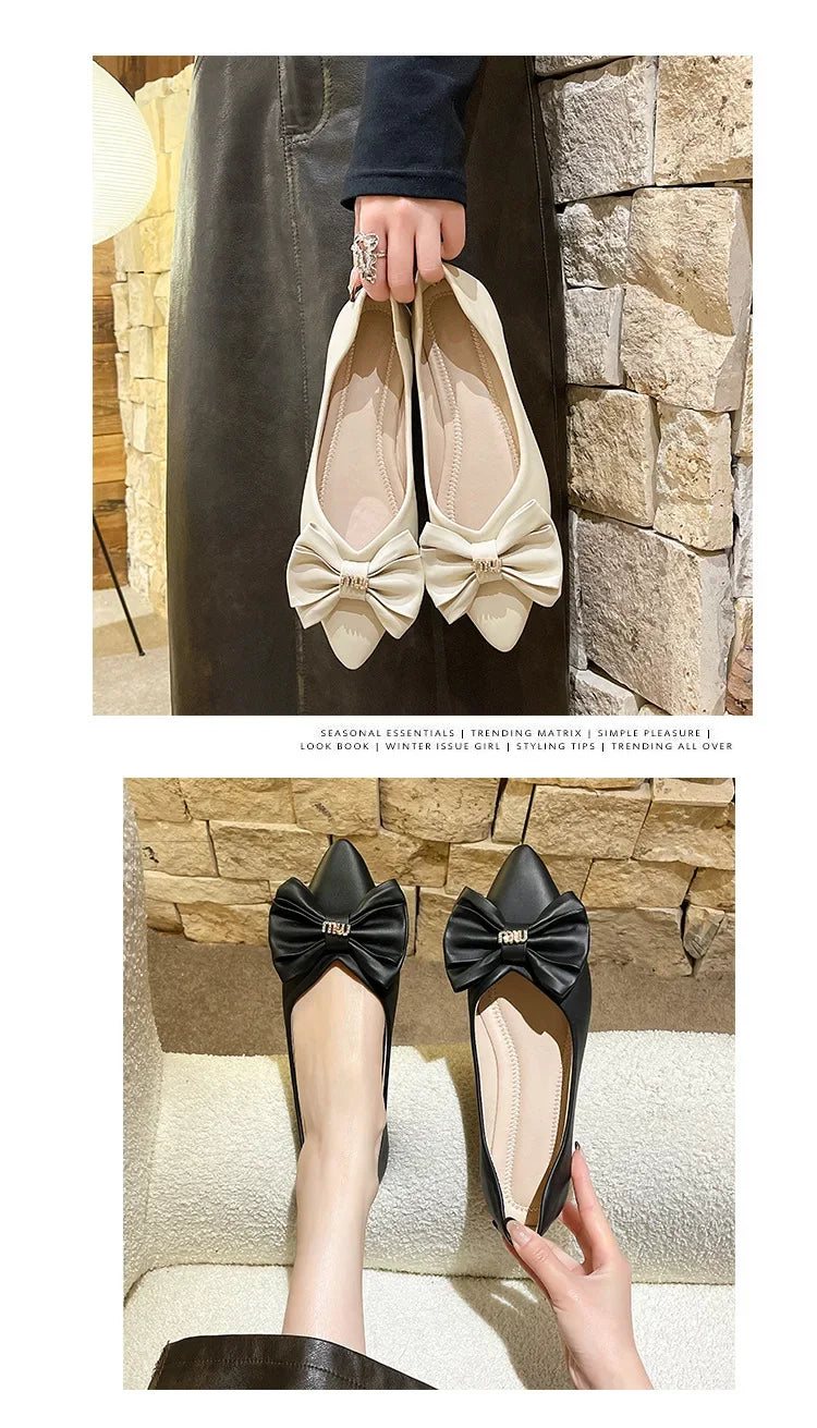 Soft Bottom Flat Casual Women's Shoes Butterfly Knot Slip-On Simple Design Shoes  Synthetic Leather
