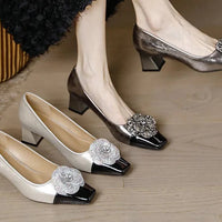 Rhinestone Camellia Flower Women's Shoes Square Toe Thick Heels 5cm Ladies Pumps Party Shoes