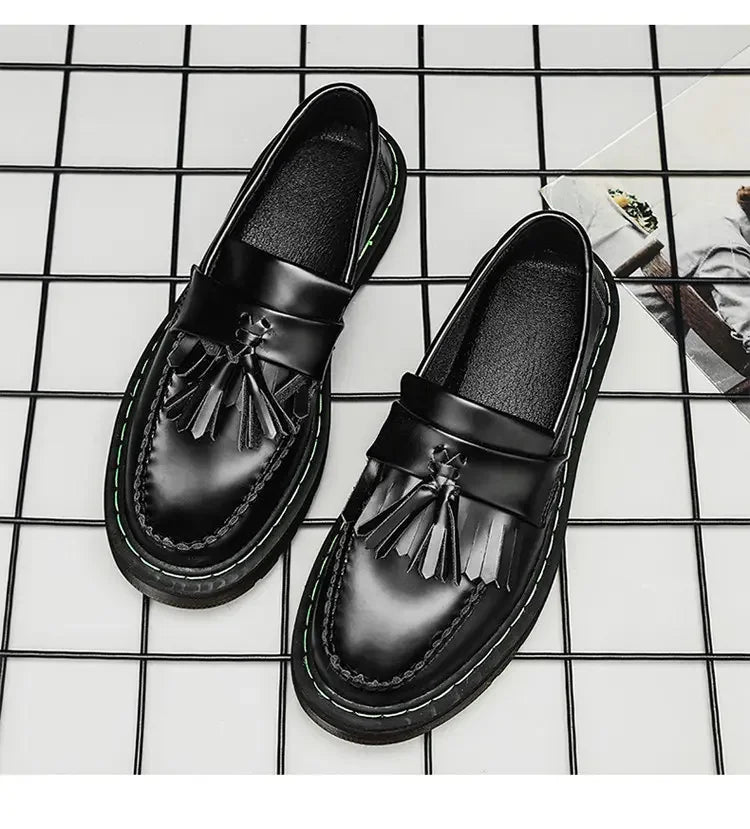British Style Loafers Casual Round Toe Tassel Women's Leather Low Top Shoes Fashionable Slip-On Shoes