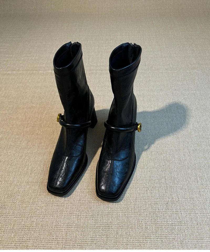 Thick Heel Elastic Slim Women Ankle Boots Fashion Square Toe Autumn Winter Ladies Elegant Mordern Short Booties