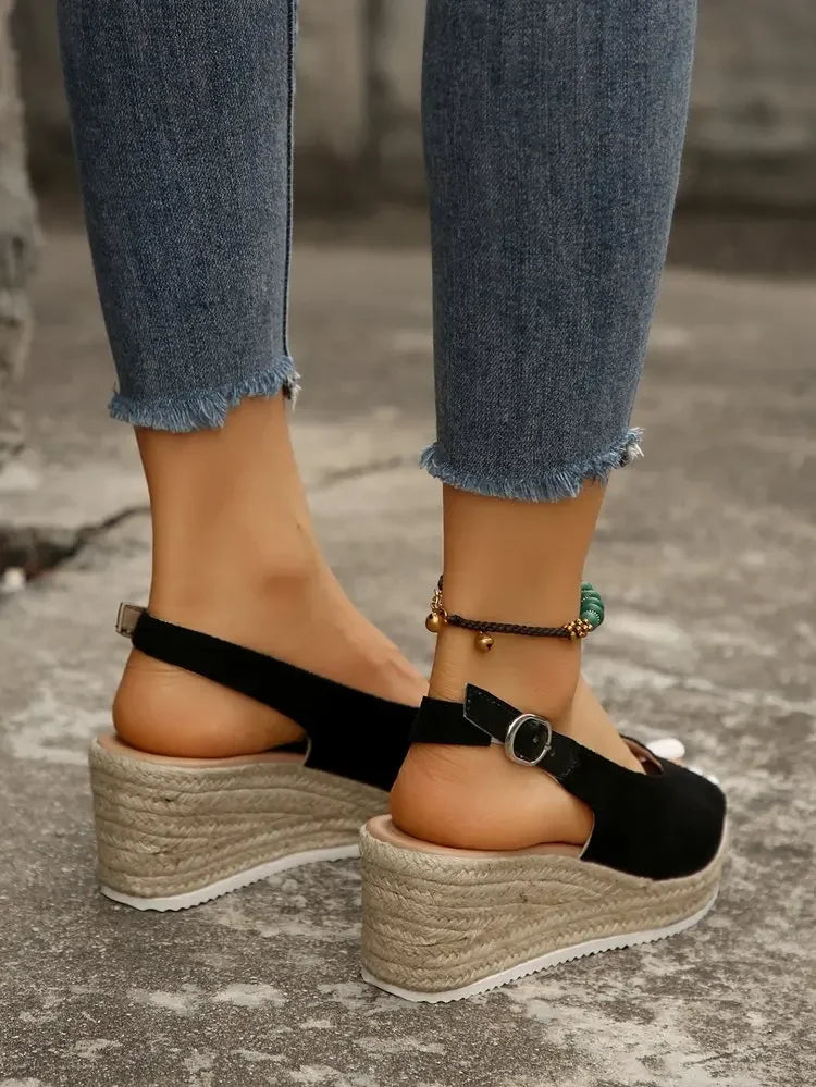 Women's Platform Sandals Summer New Large Size Fish Mouth Slope Heel Stones Pattern Shoes Thick Bottom Clog Casual Slip-On