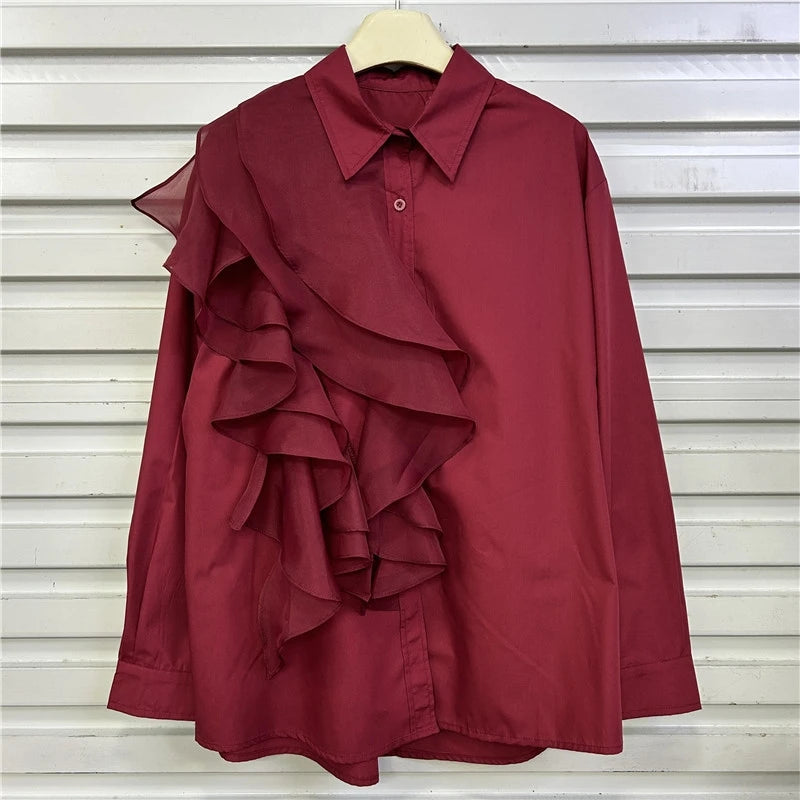 Advanced Style Shirt With Women's Fashion Ruffle Edge Splicing Design Single Breasted Long Sleeved Shirt Women's Loose And Versa