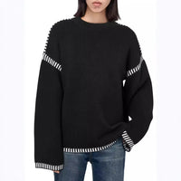 Women's Loose Long Sleeve Crew Neck Knitted Sweater Thickened Polyester Fiber Pure Color Tassel Knitwear
