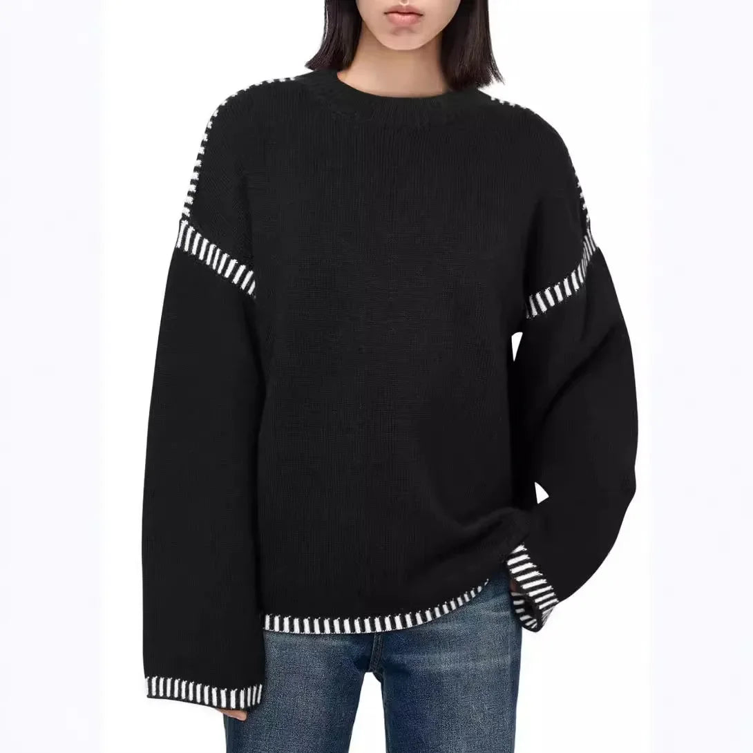 Women's Loose Long Sleeve Crew Neck Knitted Sweater Thickened Polyester Fiber Pure Color Tassel Knitwear