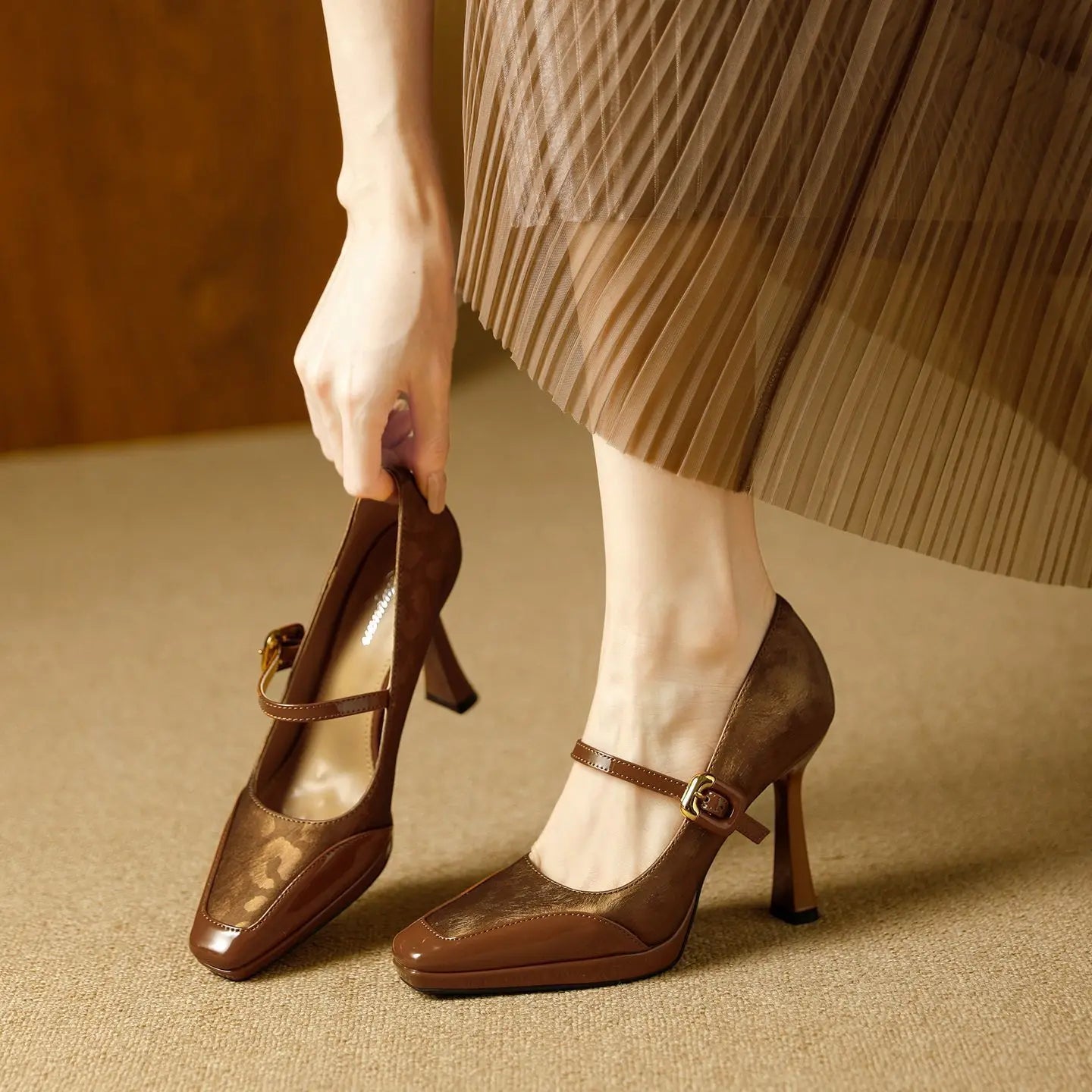 Comfortable Platform High Heels French Style Square Head Thin Strap Mule Women's Shoes