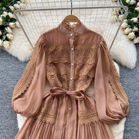 Elegant Hollow Out Organza Long Maxi Dresses Shirt Women  Layer Ruffle Full Sleeve Pearl Evening Party Dress