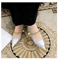 Metal Decoration Buckle Strap Women's Low Thin Heels Pumps Pointed Toe Wedding Party Shoes