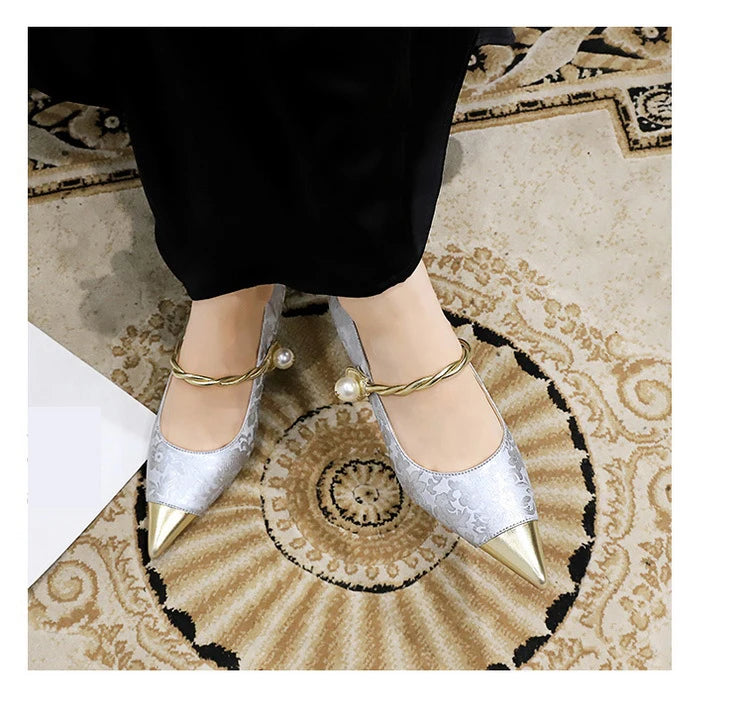 Metal Decoration Buckle Strap Women's Low Thin Heels Pumps Pointed Toe Wedding Party Shoes