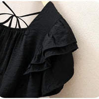 Loose Summer Top Black Square Collar Short Sleeve Women's Fashion plus Size Clothing Breathable Comfortable Cotton Fabric