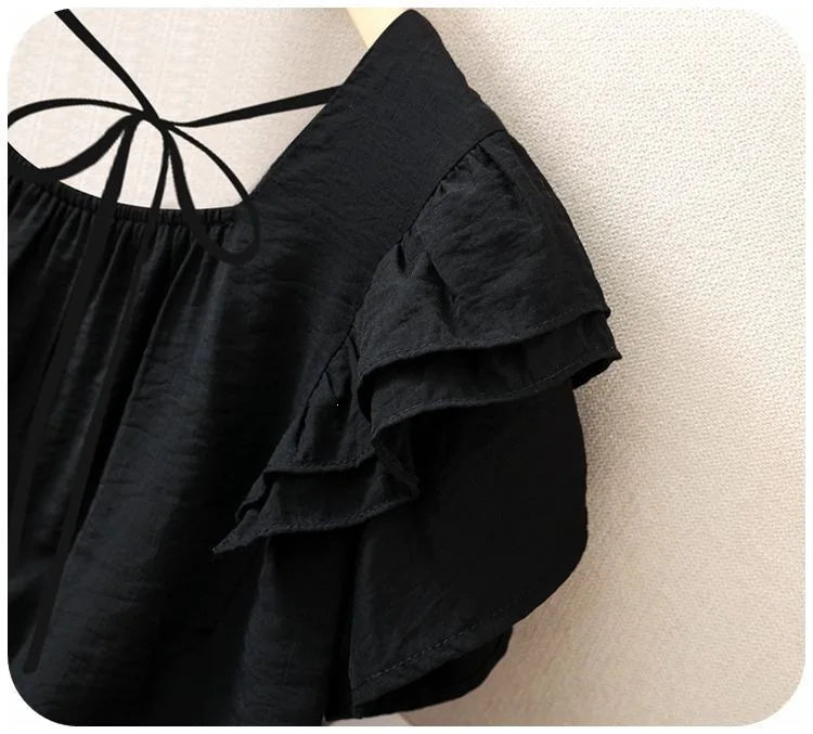 Loose Summer Top Black Square Collar Short Sleeve Women's Fashion plus Size Clothing Breathable Comfortable Cotton Fabric