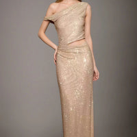 Fashion Water Diamond Slanted Shoulder Hollowed Out Sparkling Party Dress Women's Ankle-length Dresses