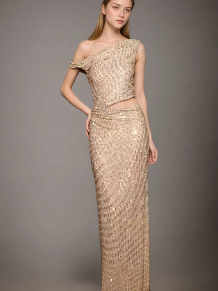 Fashion Water Diamond Slanted Shoulder Hollowed Out Sparkling Party Dress Women's Ankle-length Dresses