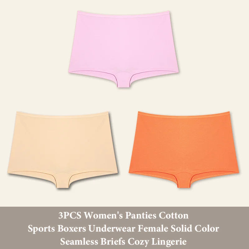 3PCS Women's Panties Cotton Seamless Sports Boxers Underwear Female Solid Color Briefs Cozy Lingerie Intimate Underpants