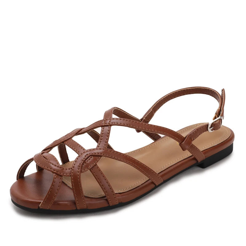 French-style cross-strap sandals, summer open-toe flat women's shoes, one-strap buckle Roman-style commuter shoes