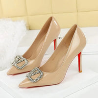 Banquet Pointed High Heels, Shallow Metal Rhinestone Thin Heel Patent Leather High Heels