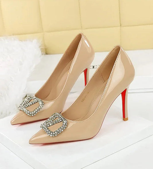 Banquet Pointed High Heels, Shallow Metal Rhinestone Thin Heel Patent Leather High Heels