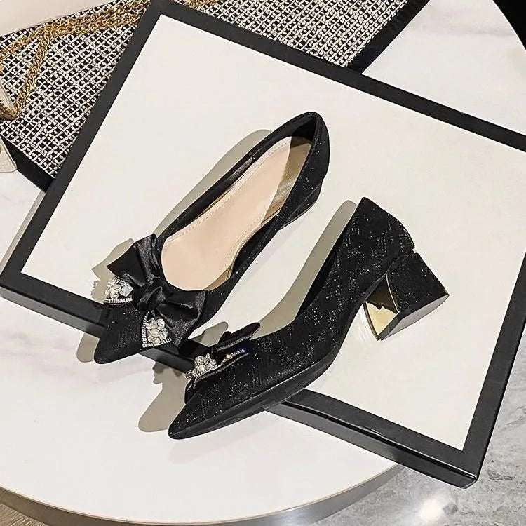 French Style Single Shoes Women's Thick Heel Butterfly Knot Pointed Toe High Heels New Bride Shoes Elegant Personality