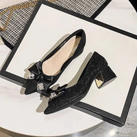 French Style Single Shoes Women's Thick Heel Butterfly Knot Pointed Toe High Heels New Bride Shoes Elegant Personality