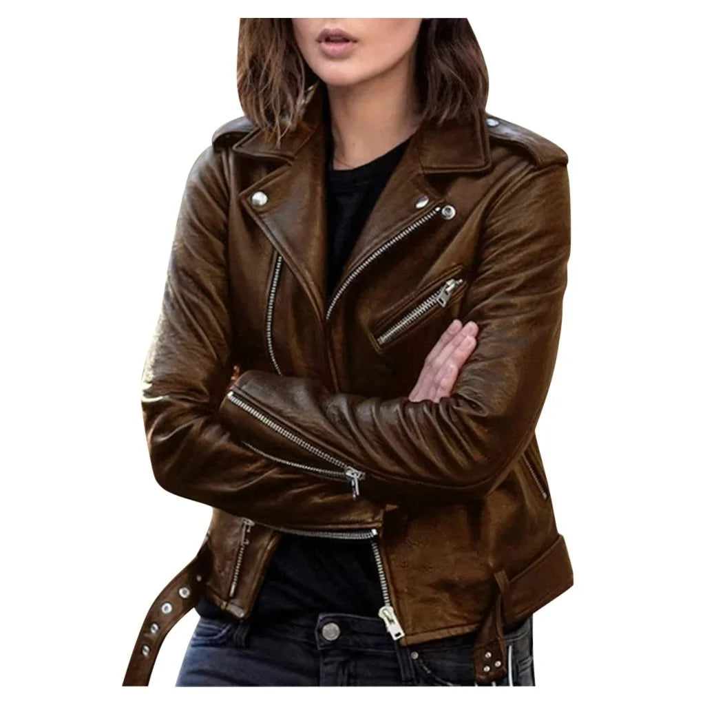 Women's Short Biker Style PU Leather Jacket Slim Fit Winter Coat Female Fashion Outerwear Coat - Natalia Home Fashion
