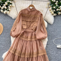 Elegant Hollow Out Organza Long Maxi Dresses Shirt Women  Layer Ruffle Full Sleeve Pearl Evening Party Dress