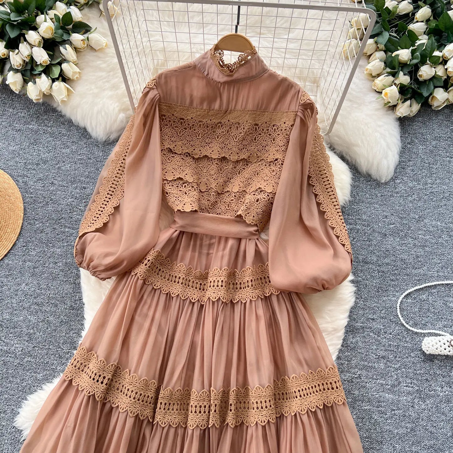 Elegant Hollow Out Organza Long Maxi Dresses Shirt Women  Layer Ruffle Full Sleeve Pearl Evening Party Dress