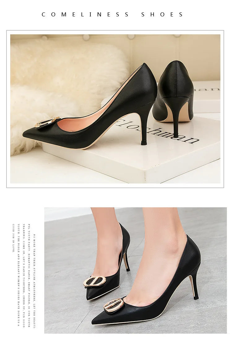 Sexy Women's Stiletto High Heels Shallow Mouth Pointed Toe Metal Buckle Party Single Shoes