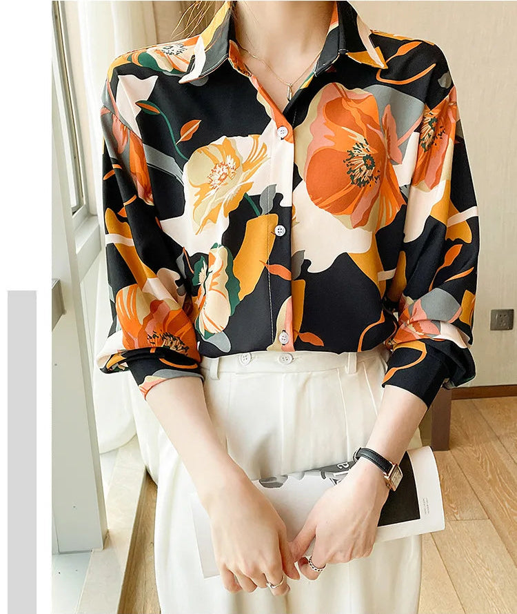 Vintage Style for Women Long Sleeve Flower Printed Spring Autumn semi formal Style Elegant Single Breasted Shirt
