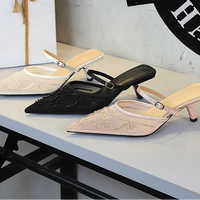 Sexy Embroidered Lace Mesh Slip-On Shoes with Fine Heel And Straps Hollow out Design for Women Fashionable Summer Slippers - Natalia Home Fashion