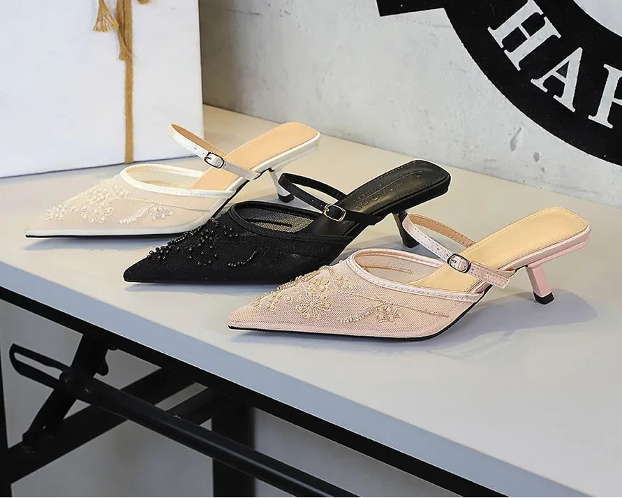 Sexy Embroidered Lace Mesh Slip-On Shoes with Fine Heel And Straps Hollow out Design for Women Fashionable Summer Slippers - Natalia Home Fashion