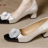 Rhinestone Camellia Flower Women's Shoes Square Toe Thick Heels 5cm Ladies Pumps Party Shoes