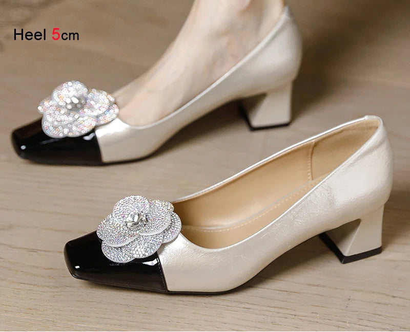 Rhinestone Camellia Flower Women's Shoes Square Toe Thick Heels 5cm Ladies Pumps Party Shoes