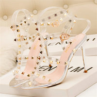 Summer Women 10cm Super High Heels Sandals Rivets Studded Stripper Valentine Strap Heels  Wedding Luxury Shoes