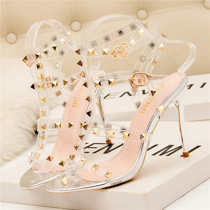 Summer Women 10cm Super High Heels Sandals Rivets Studded Stripper Valentine Strap Heels  Wedding Luxury Shoes