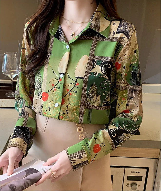 Slim Floral Long-sleeved Shirt Loose Printed Top for Women