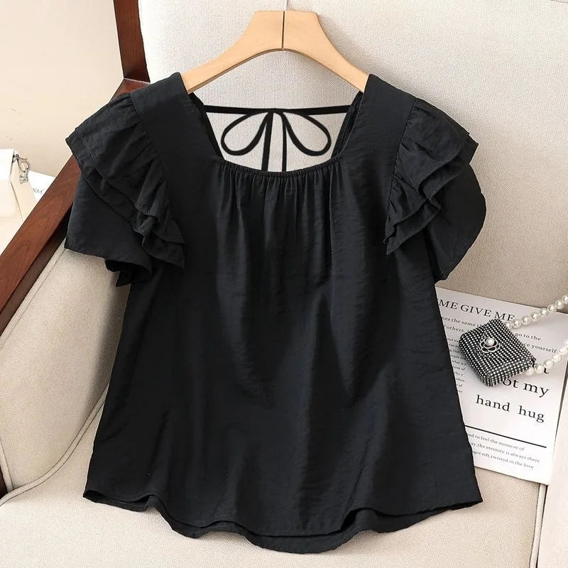 Loose Summer Top Black Square Collar Short Sleeve Women's Fashion plus Size Clothing Breathable Comfortable Cotton Fabric