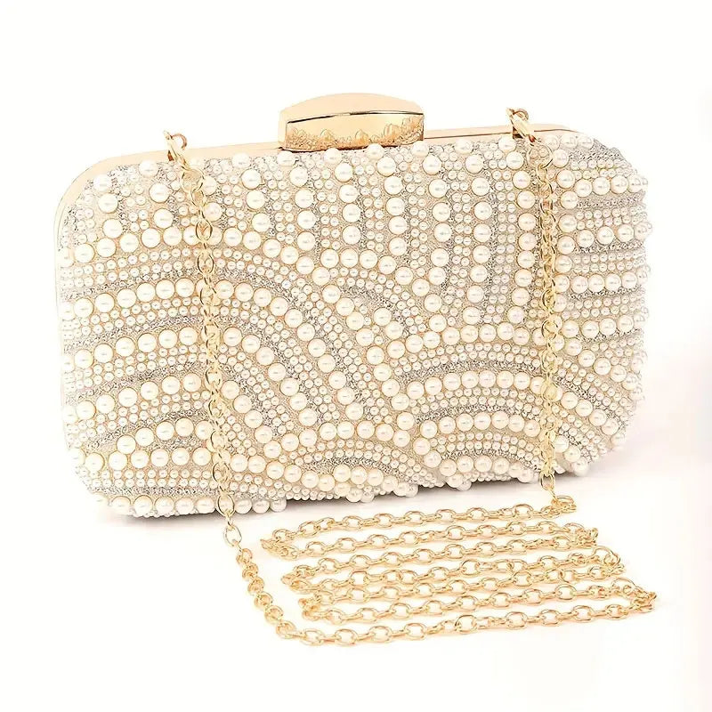 Ladies Pearl Elegant Evening Bag Fashionable Stylish Beading Wedding Dinner Party Banquet  Dress Clutch Bag with Long Chain