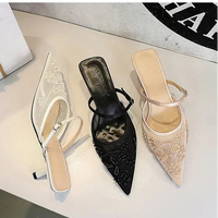 Sexy Embroidered Lace Mesh Slip-On Shoes with Fine Heel And Straps Hollow out Design for Women Fashionable Summer Slippers - Natalia Home Fashion