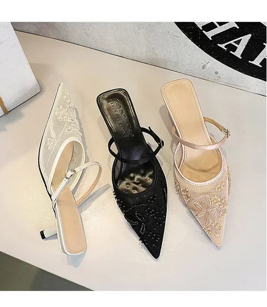 Sexy Embroidered Lace Mesh Slip-On Shoes with Fine Heel And Straps Hollow out Design for Women Fashionable Summer Slippers - Natalia Home Fashion
