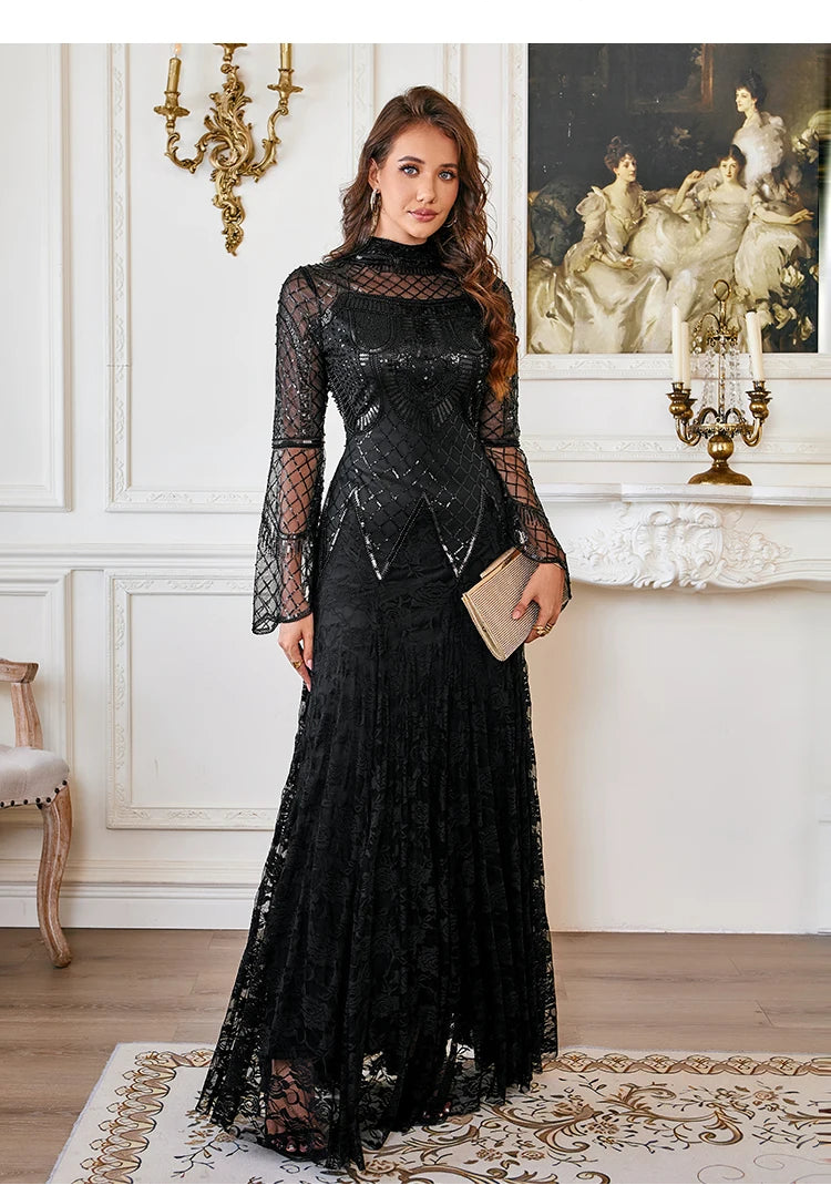 Black Lace Mermaid Elegant Evening Dress for Women High Neck Long Sleeve Sequins Party Dresses Prom Gowns Wedding