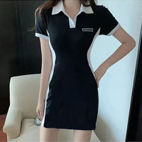 Women Polo Collar Dress Elegant Color block Short Sleeve Bodycon Midi Dress Casual Slim Fit T Shirt Dresses for Women