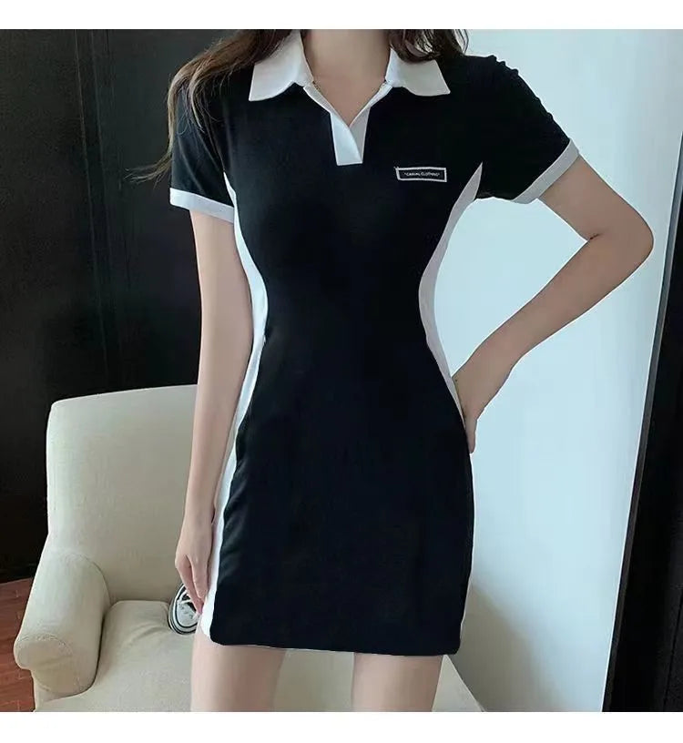 Women Polo Collar Dress Elegant Color block Short Sleeve Bodycon Midi Dress Casual Slim Fit T Shirt Dresses for Women