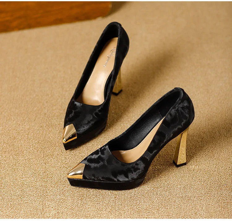 Fashion Women's Shoes Thin Block Heels 11cm Pointed Toe Shallow Mouth Ladies Pumps Party Shoes