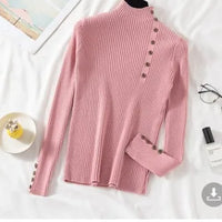 Half High Neck Sweater Women's New Style Pullover Knit Sweater with Button Up Long Sleeves Slim Fit Tight Fitting Bottom Shirt